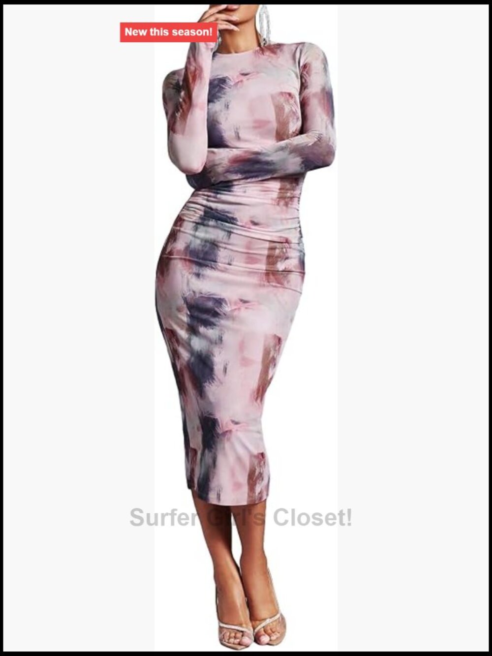 Sheer Mesh Long Sleeve Bodycon Midi Dress Ruched Club Party
